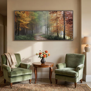 Large Framed Autumn Misty Forest Fall Landscape Wall Art for Living Room
