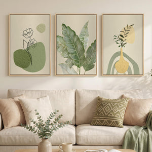 Framed Modern Minimalist Boho Sage Green Botanical Floral Wall Art for Living Room Set of 3