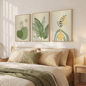 Framed Modern Minimalist Boho Sage Green Botanical Floral Wall Art for Living Room Set of 3