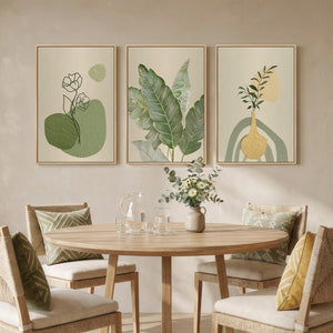 Framed Modern Minimalist Boho Sage Green Botanical Floral Wall Art for Living Room Set of 3