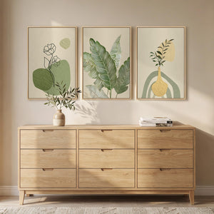 Framed Modern Minimalist Boho Sage Green Botanical Floral Wall Art for Living Room Set of 3