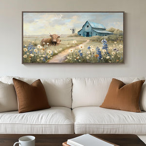 Extra Large Framed Farmhouse Style Vintage Rustic Canvas Wildflower Highland Cow Wall Art for Living Room