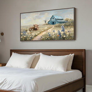 Extra Large Framed Farmhouse Style Vintage Rustic Canvas Wildflower Highland Cow Wall Art for Living Room