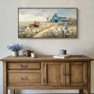 Extra Large Framed Farmhouse Style Vintage Rustic Canvas Wildflower Highland Cow Wall Art for Living Room