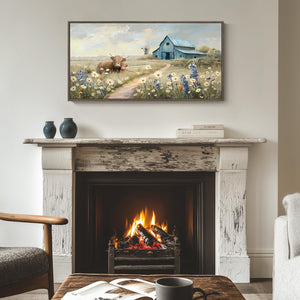 Extra Large Framed Farmhouse Style Vintage Rustic Canvas Wildflower Highland Cow Wall Art for Living Room