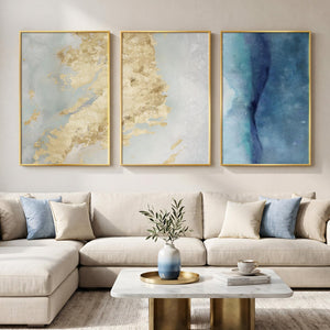 Large Framed Luxury Elegant Modern Blue Gold Abstract Wall Art for Living Room Set of 3