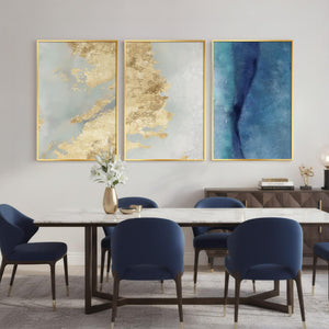 Large Framed Luxury Elegant Modern Blue Gold Abstract Wall Art for Living Room Set of 3