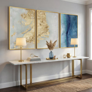 Large Framed Luxury Elegant Modern Blue Gold Abstract Wall Art for Living Room Set of 3