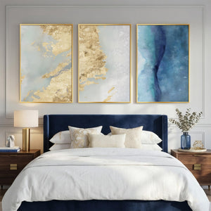 Large Framed Luxury Elegant Modern Blue Gold Abstract Wall Art for Living Room Set of 3