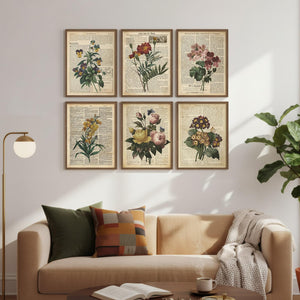 Framed Vintage Rustic Farmhouse Floral Botanical Wall Art for Living Room Set of 6