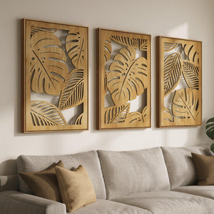 Large Framed Boho Cutout Carved Wood 3D Textured Neutral Botanical Wall Art for Living Room Set of 3