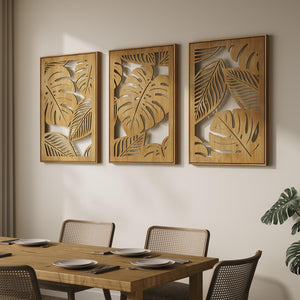 Large Framed Boho Cutout Carved Wood 3D Textured Neutral Botanical Wall Art for Living Room Set of 3