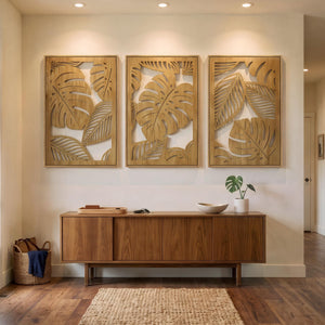 Large Framed Boho Cutout Carved Wood 3D Textured Neutral Botanical Wall Art for Living Room Set of 3