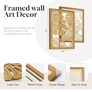 Large Framed Boho Cutout Carved Wood 3D Textured Neutral Botanical Wall Art for Living Room Set of 3