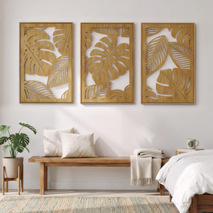 Large Framed Boho Cutout Carved Wood 3D Textured Neutral Botanical Wall Art for Living Room Set of 3