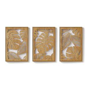 Large Framed Boho Cutout Carved Wood 3D Textured Neutral Botanical Wall Art for Living Room Set of 3