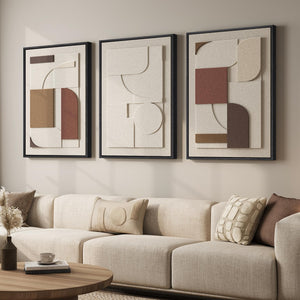 3D Textured Large Framed Neutral Modern Geometric Abstract Wall Art for Living Room Set of 3