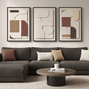 3D Textured Large Framed Neutral Modern Geometric Abstract Wall Art for Living Room Set of 3