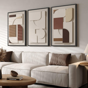 3D Textured Large Framed Neutral Modern Geometric Abstract Wall Art for Living Room Set of 3