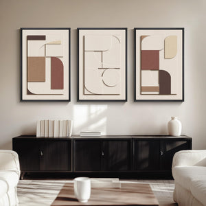 3D Textured Large Framed Neutral Modern Geometric Abstract Wall Art for Living Room Set of 3