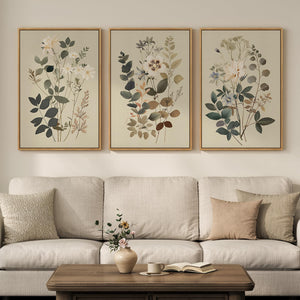 Framed Rustic Modern Farmhouse Neutral Floral Botanical Wall Art for Living Room Set of 3