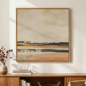 Framed Square Boho Mid Century Modern Neutral Abstract Landscape Wall Art for Living Room