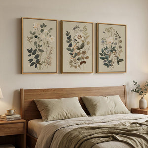 Framed Rustic Modern Farmhouse Neutral Floral Botanical Wall Art for Living Room Set of 3