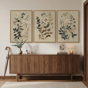 Framed Rustic Modern Farmhouse Neutral Floral Botanical Wall Art for Living Room Set of 3