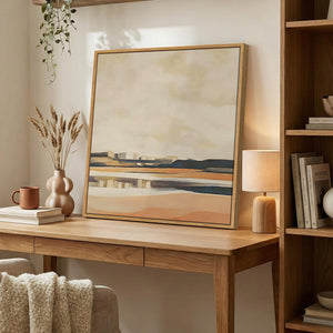 Framed Square Boho Mid Century Modern Neutral Abstract Landscape Wall Art for Living Room