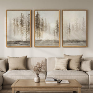 Large Teak Framed Modern Neutral Abstract Farmhouse Forest Landscape Wall Art for Living Room Set of 3