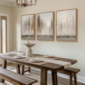 Large Teak Framed Modern Neutral Abstract Farmhouse Forest Landscape Wall Art for Living Room Set of 3