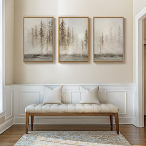 Large Teak Framed Modern Neutral Abstract Farmhouse Forest Landscape Wall Art for Living Room Set of 3
