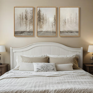 Large Teak Framed Modern Neutral Abstract Farmhouse Forest Landscape Wall Art for Living Room Set of 3