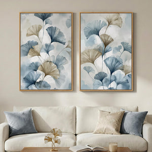 Large Framed Watercolor Blue Neutral Minimalist Botanical Ginkgo Wall Art for Living Room Set of 2