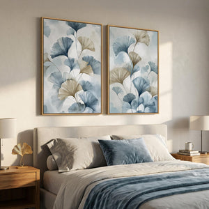 Large Framed Watercolor Blue Neutral Minimalist Botanical Ginkgo Wall Art for Living Room Set of 2