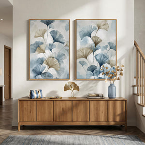 Large Framed Watercolor Blue Neutral Minimalist Botanical Ginkgo Wall Art for Living Room Set of 2