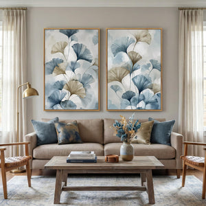 Large Framed Watercolor Blue Neutral Minimalist Botanical Ginkgo Wall Art for Living Room Set of 2