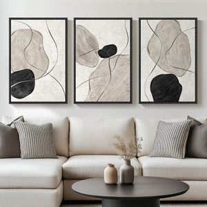 Large Framed Black White Gray Modern Minimalist  Neutral Abstract Wall Art for Living Room Set of 3
