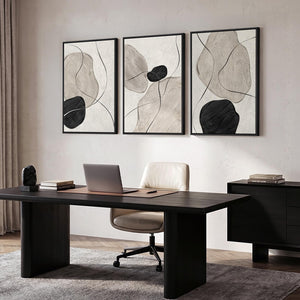 Large Framed Black White Gray Modern Minimalist  Neutral Abstract Wall Art for Living Room Set of 3