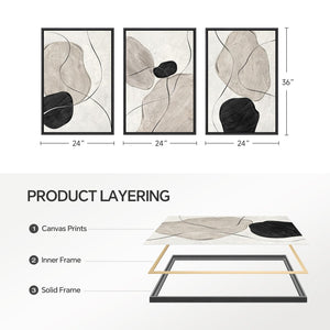 Large Framed Black White Gray Modern Minimalist  Neutral Abstract Wall Art for Living Room Set of 3