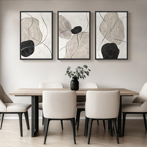 Large Framed Black White Gray Modern Minimalist  Neutral Abstract Wall Art for Living Room Set of 3