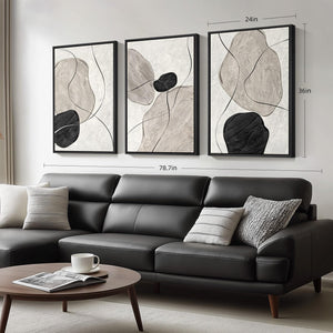 Large Framed Black White Gray Modern Minimalist  Neutral Abstract Wall Art for Living Room Set of 3