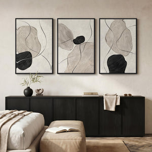 Large Framed Black White Gray Modern Minimalist  Neutral Abstract Wall Art for Living Room Set of 3