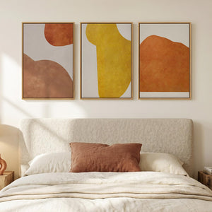 Large Framed Minimalist Abstract Boho Earth tone Orange Yellow Neutral Geometric Wall Art for Bedroom Set of 3