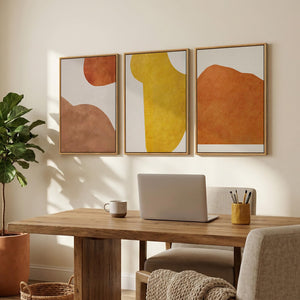 Large Framed Minimalist Abstract Boho Earth tone Orange Yellow Neutral Geometric Wall Art for Bedroom Set of 3