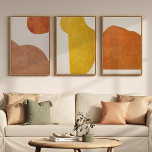 Large Framed Minimalist Abstract Boho Earth tone Orange Yellow Neutral Geometric Wall Art for Bedroom Set of 3