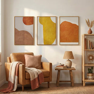 Large Framed Minimalist Abstract Boho Earth tone Orange Yellow Neutral Geometric Wall Art for Bedroom Set of 3