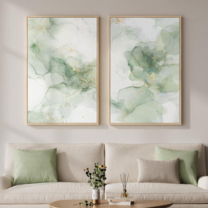 Large Framed Sage Green Gold Contemporary Minimalist Abstract Modern Wall Art for Living Room Set of 2