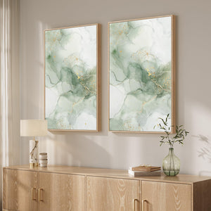 Large Framed Sage Green Gold Contemporary Minimalist Abstract Modern Wall Art for Living Room Set of 2