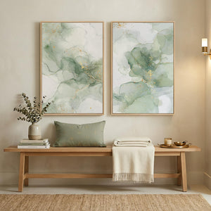 Large Framed Sage Green Gold Contemporary Minimalist Abstract Modern Wall Art for Living Room Set of 2
